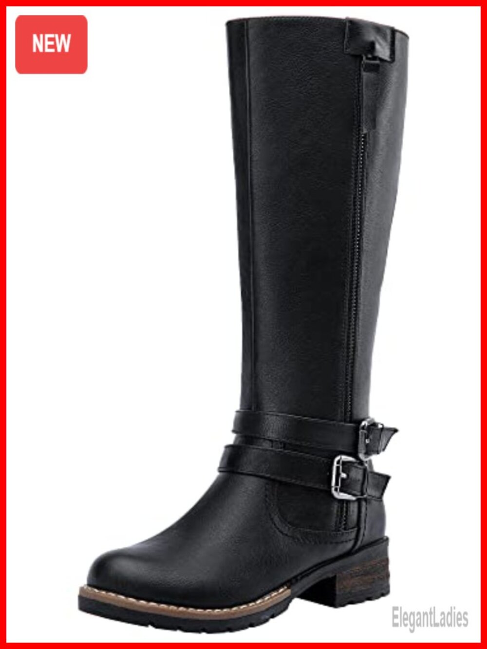 Knee High Riding Boots Faux Leather Block Heel Buckle Zip Tall Boots